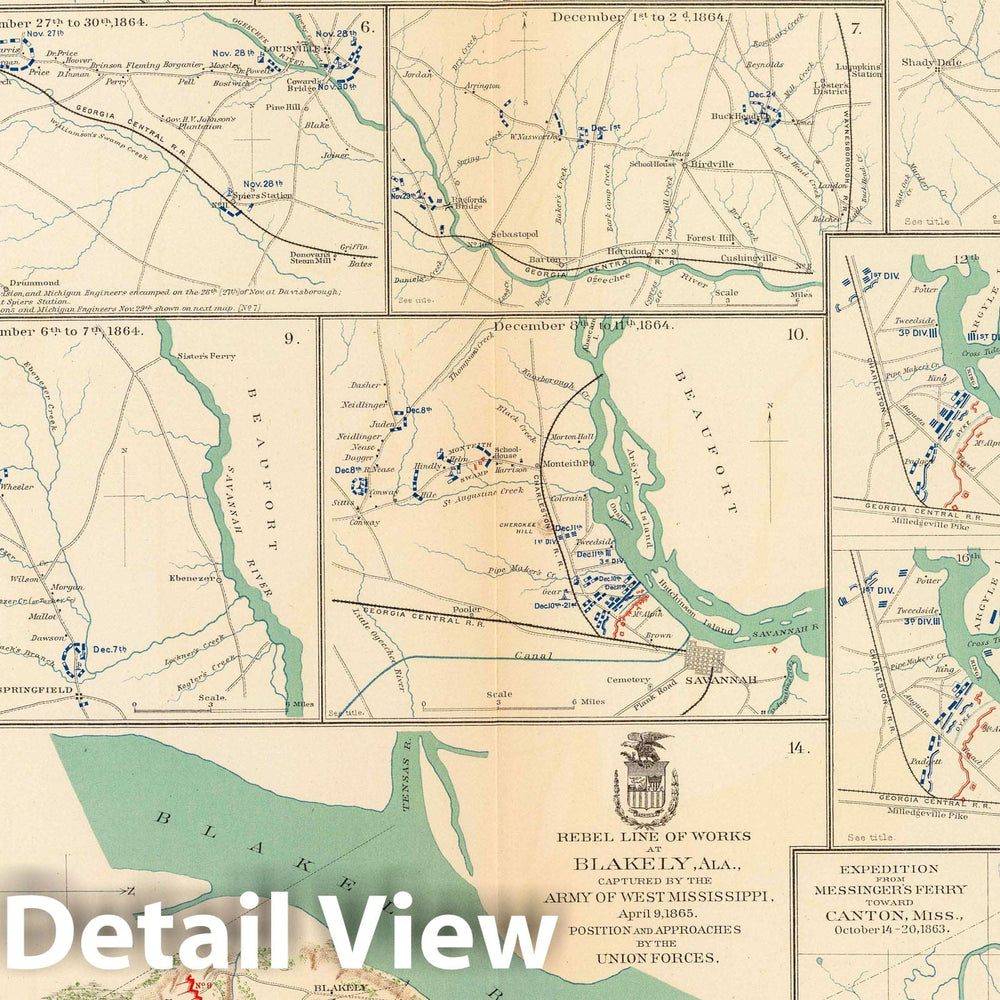 Historic Map : Military Atlas - 1895 Mobile, Blakely, Messinger's Ferry-Canton. - Vintage Wall Art