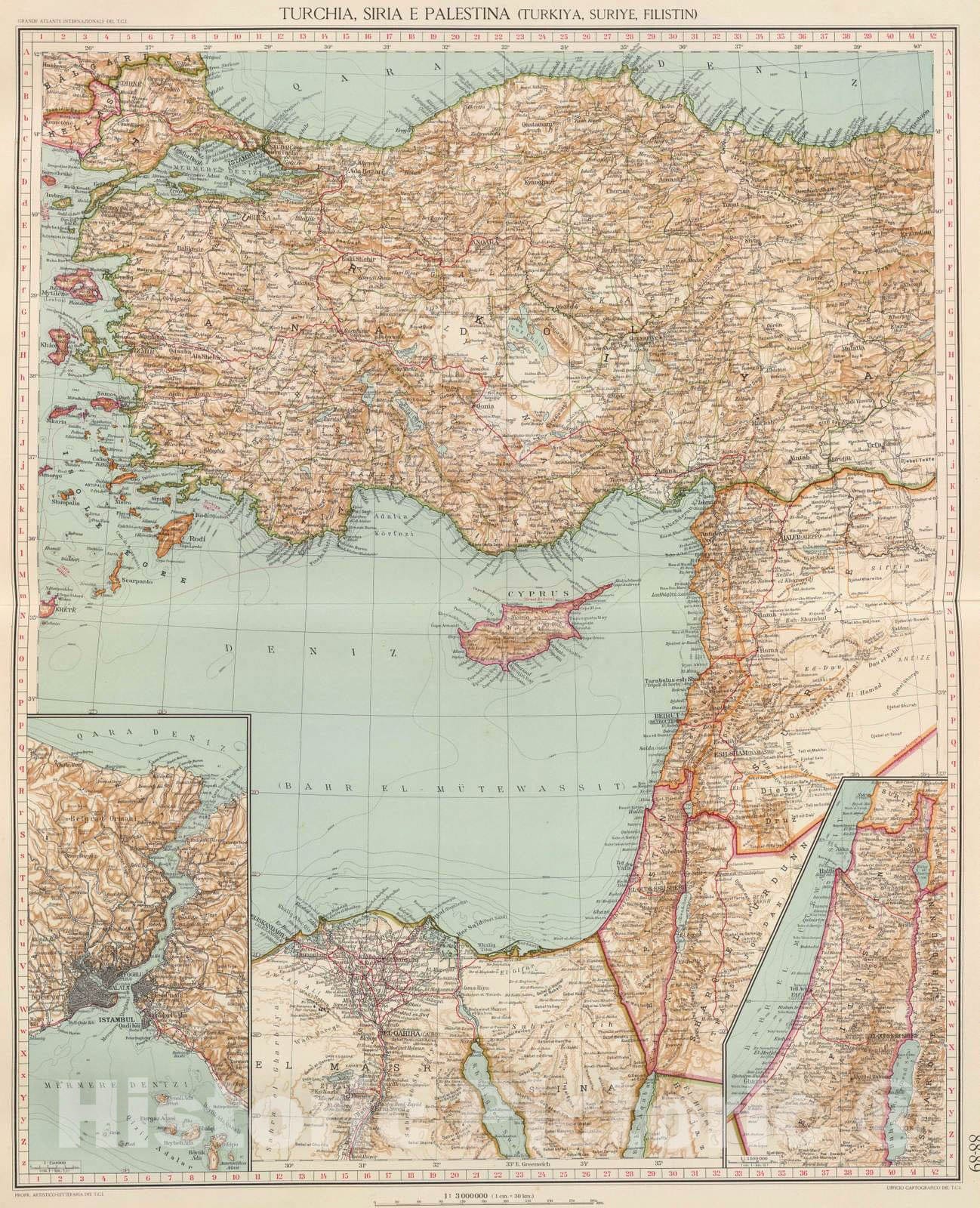 Historic Wall Map : Syria; Turkey, Istanbul Region (Turkey) 1929 88-89. Turchia, Siria, Palestina. , Vintage Wall Art