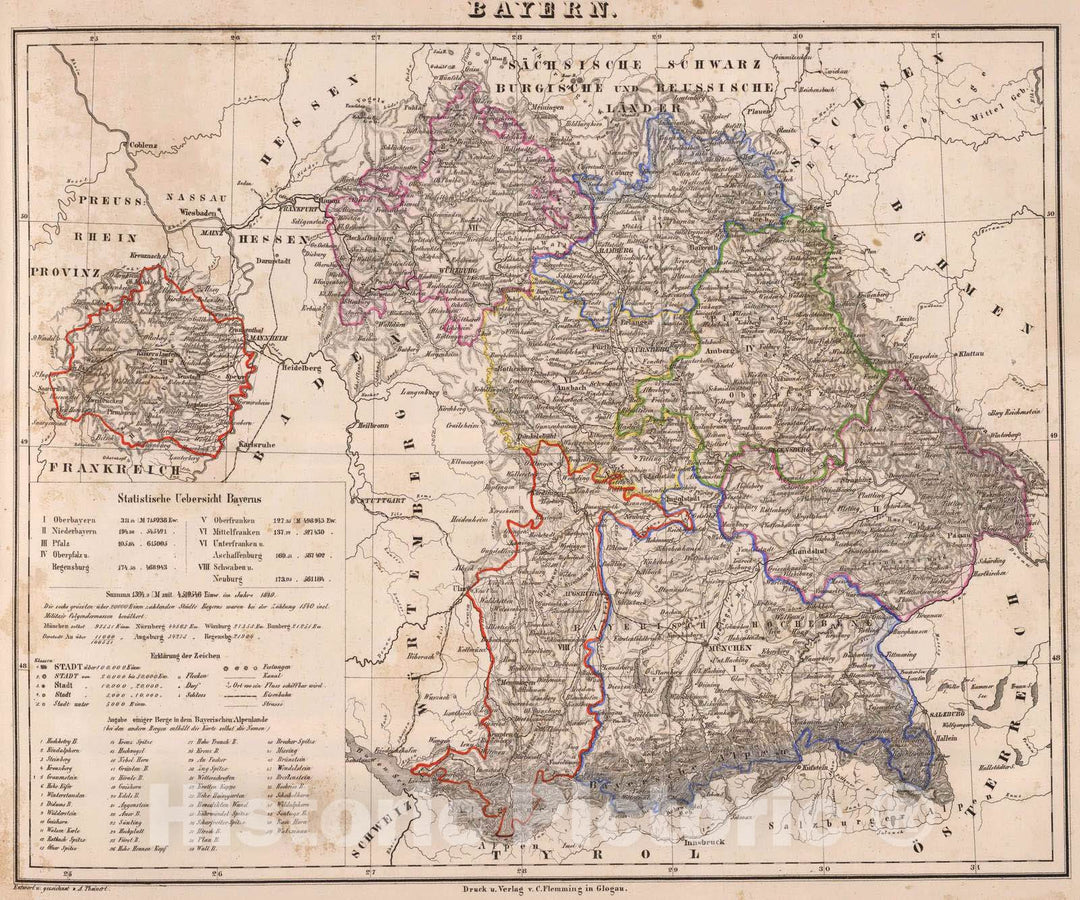 Historic Map : Germany, 1855 Bayern. , Vintage Wall Art