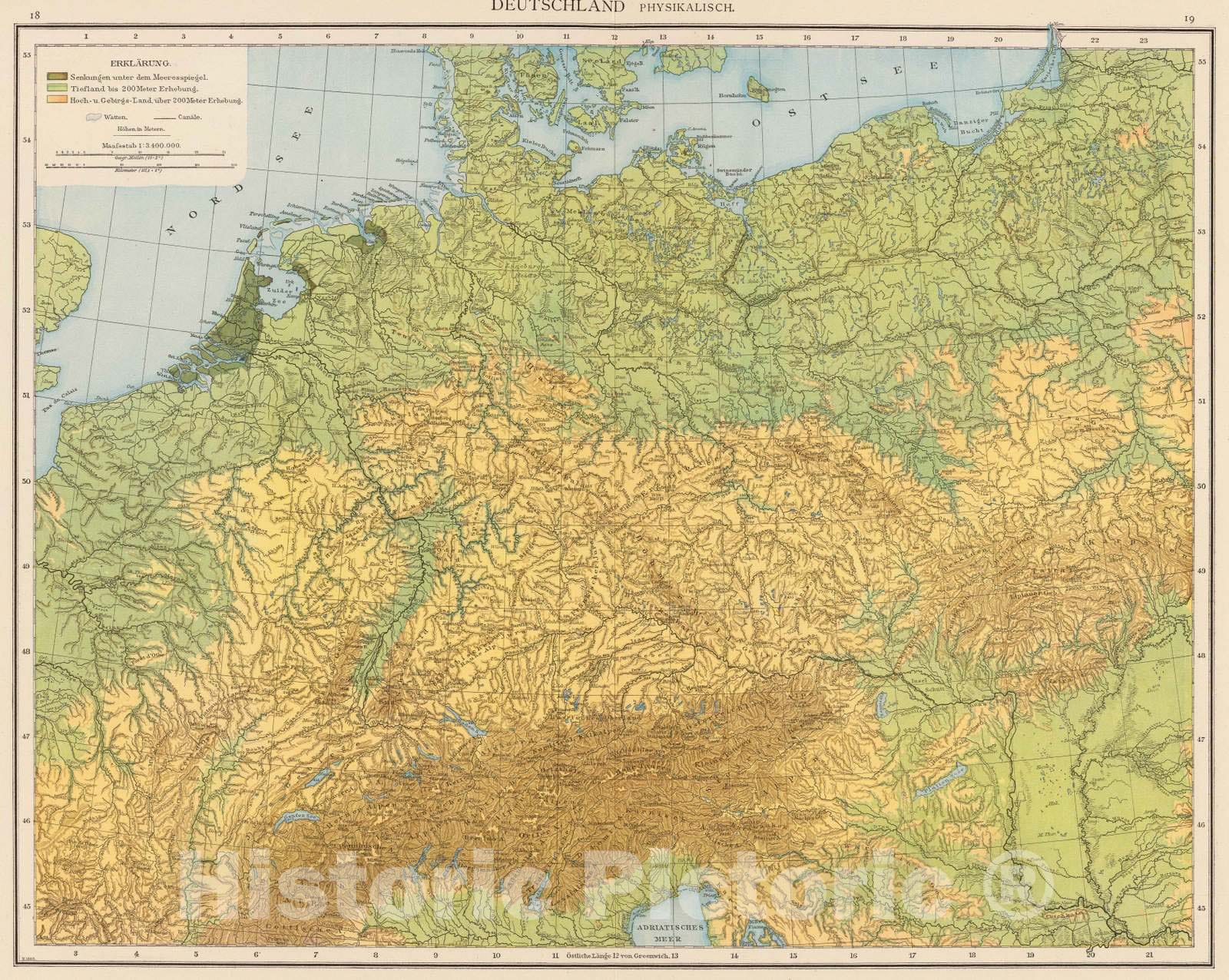 Historic Map : Germany; Poland, Europe, Central 1881 Deutschland physikalisch. , Vintage Wall Art