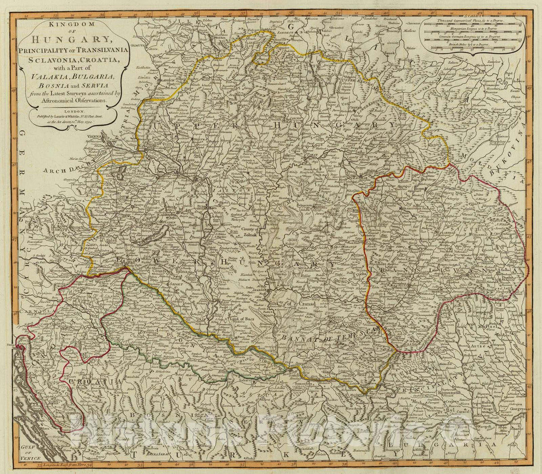 Historic Map : Hungary; Romania, Balkan Peninsula 1794 Hungary, Transilvania, Sclavonia, Croatia. , Vintage Wall Art