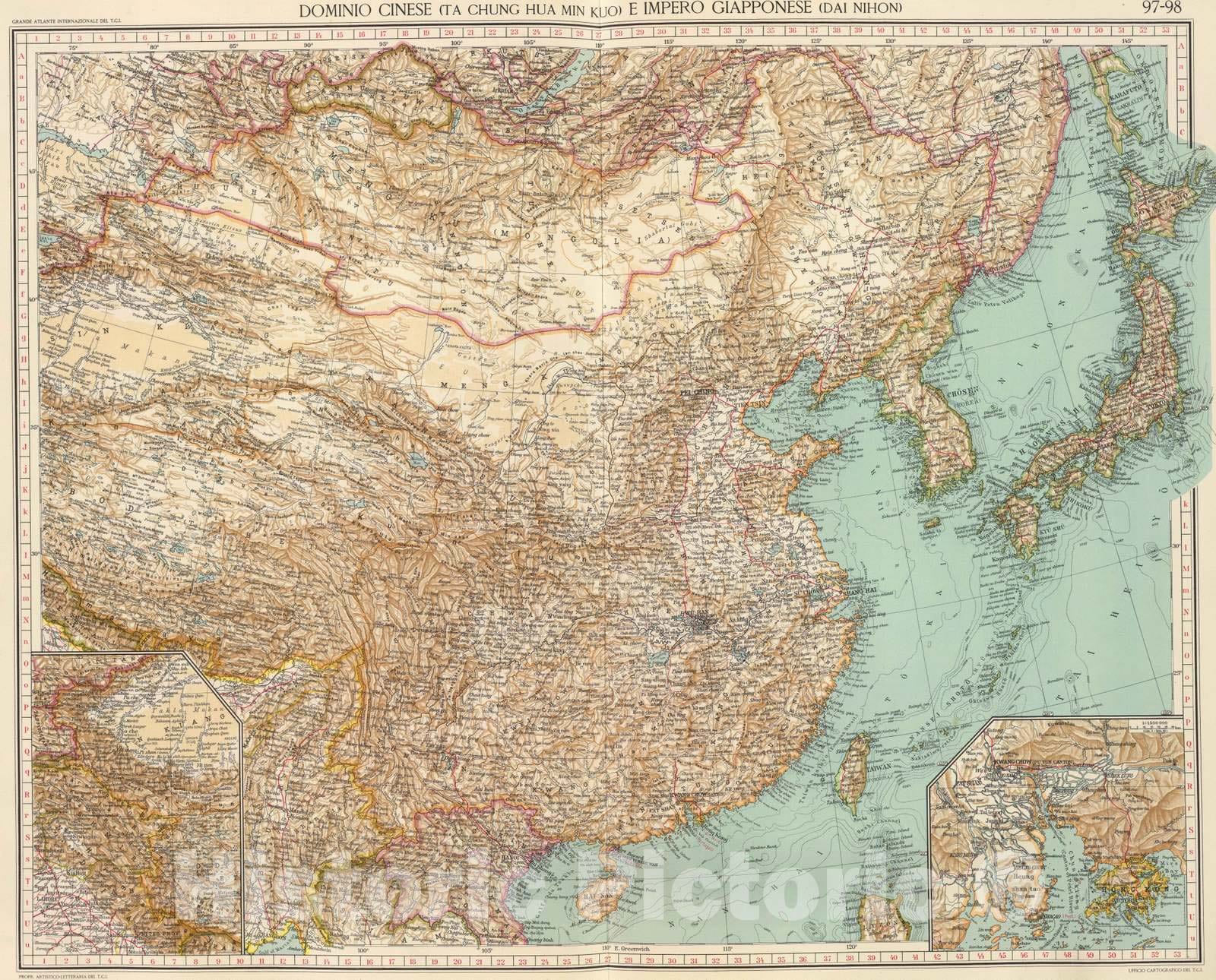 Historic Map : China; Japan, East Asia 1929 97-98. Dominio Cinese, Impero Giapponese. , Vintage Wall Art