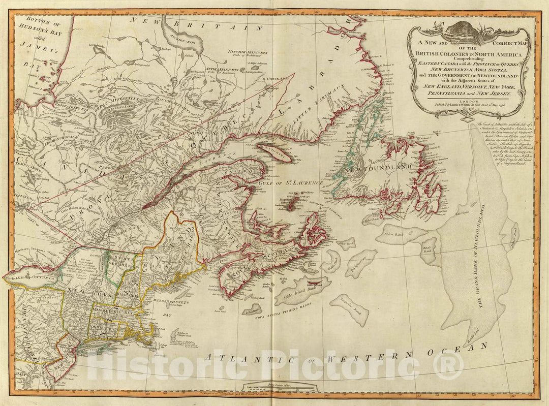 Historic Map : 1794 British Colonies North America, New England. - Vintage Wall Art