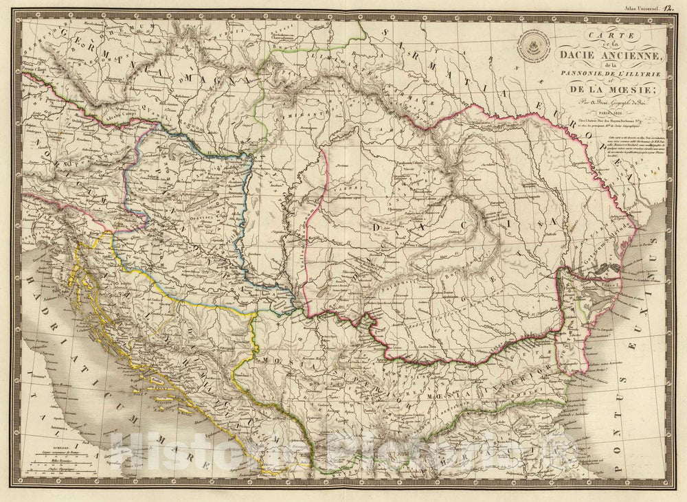 Historic Map : Romania; Serbia, Balkan Peninsula 1826 Dacie ancienne, Pannonie, Illyrie, Moesie. v2 , Vintage Wall Art