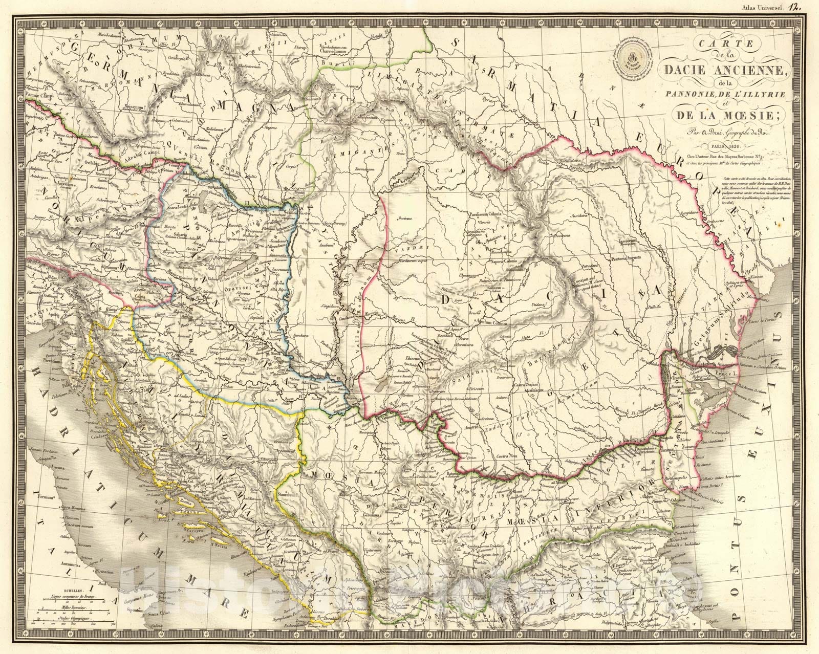 Historic Map : Romania; Serbia, Balkan Peninsula 1826 Dacie ancienne, Pannonie, Illyrie, Moesie. v2 , Vintage Wall Art