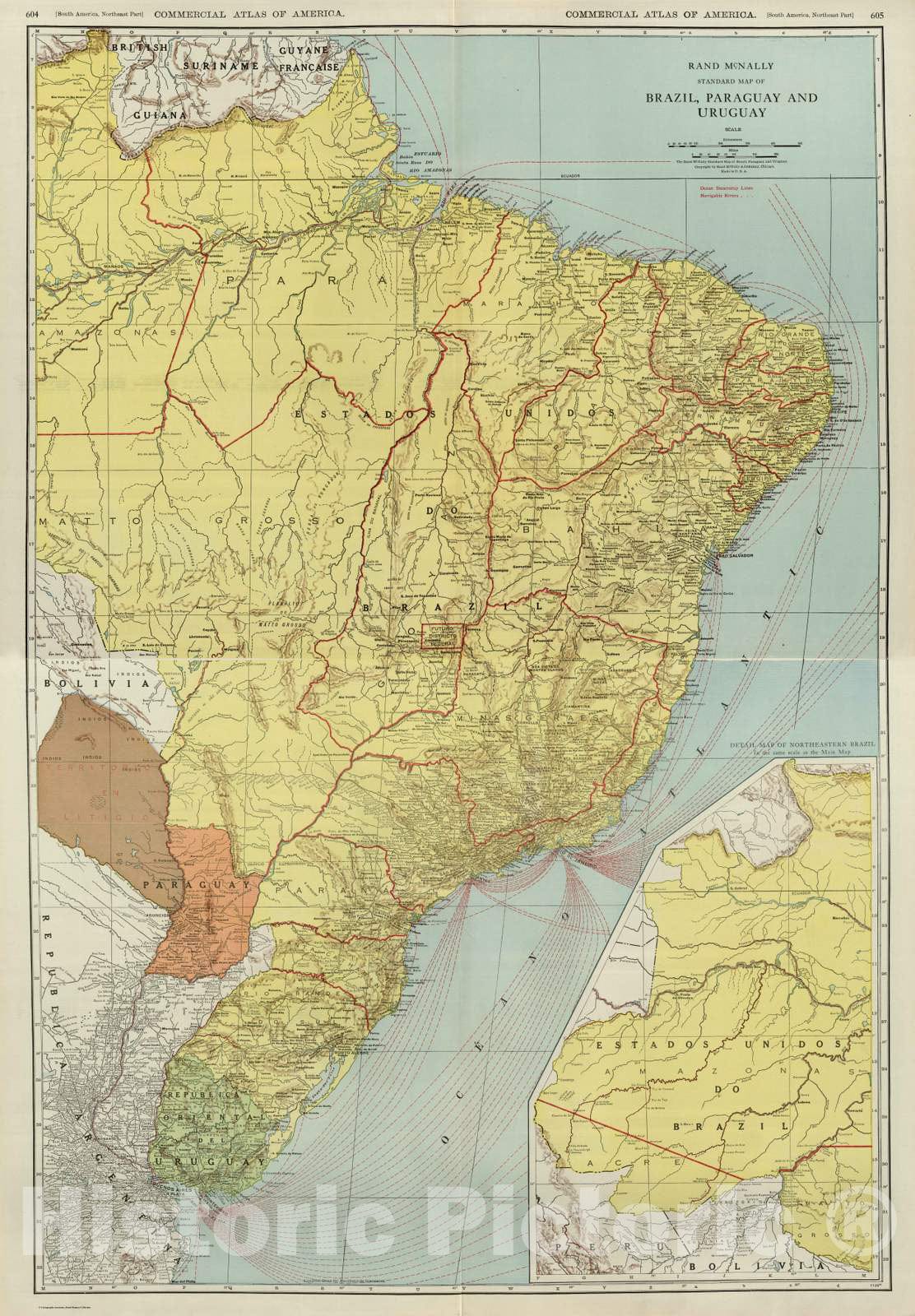 Historic Map : National Atlas - 1924 Composite: Brazil, Paraguay, and Uruguay. - Vintage Wall Art