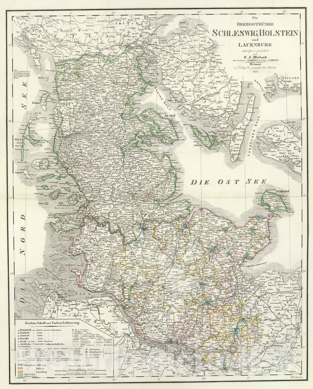 Historic Map : Germany, Schleswig-Holstein , Germany 1856 Schleswig, Holstein, Lauenburg. , Vintage Wall Art