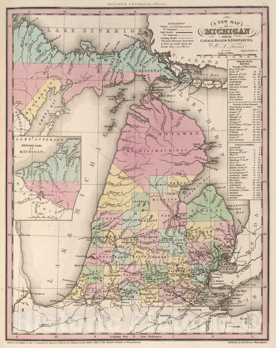 Historic Map : A New Map of Michigan with Its Canals, Roads & Distances by H.S. Tanner, 1836 Atlas - Vintage Wall Art