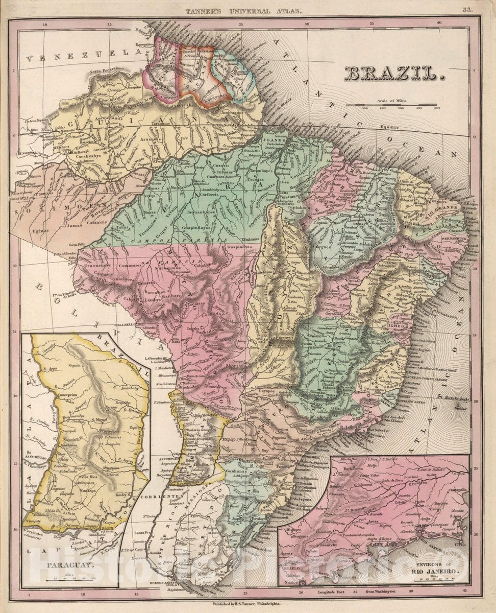 Historic Map : Brazil. (Insets) Paraguay. Environs of Rio Janeiro, 1836 Atlas - Vintage Wall Art