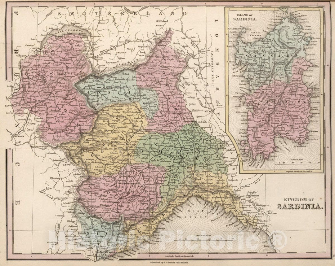 Historic Map : Kingdom of Sardinia, 1836 Atlas - Vintage Wall Art