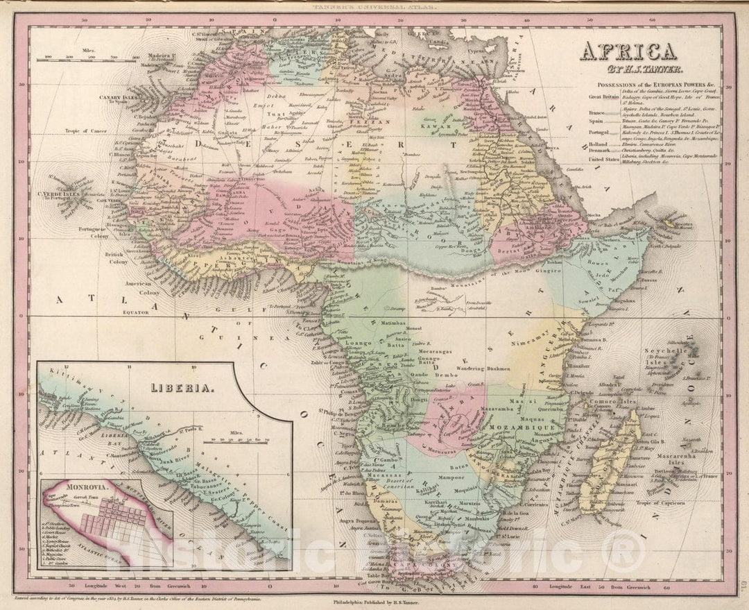 Historic Map : Africa by H.S. Tanner. (Inset) Liberia, 1834 Atlas - Vintage Wall Art