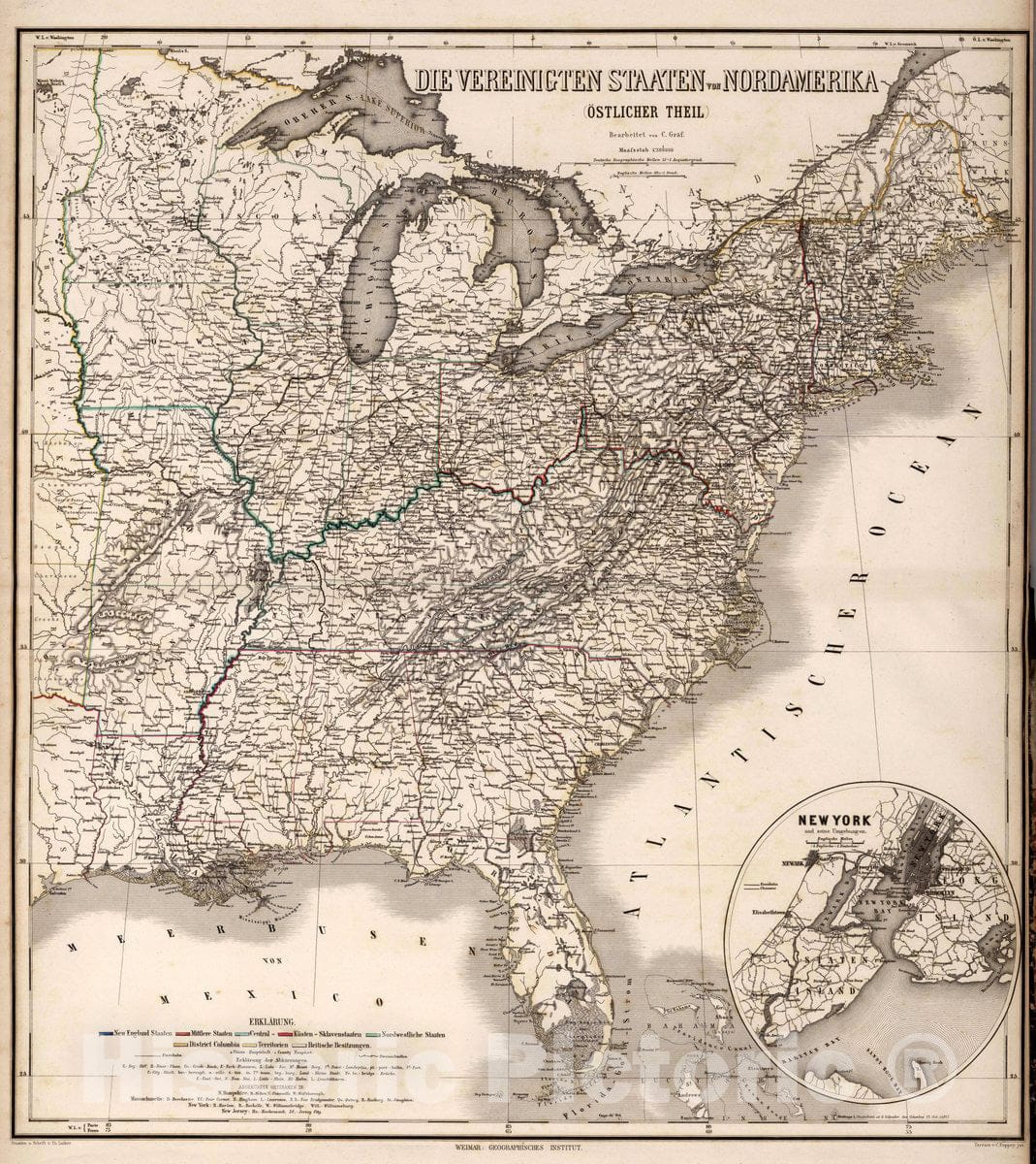 Historic Map : United States, U.S. North East, Die Vereinigten Staaten von Nordamerica Ostlicher theil, 1866 Atlas , Vintage Wall Art