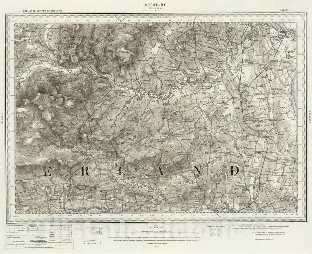 Historic Map : Ordnance Survey of England. (Revised New Series). 9 Rothbury (Hills), 1897 Atlas - Vintage Wall Art