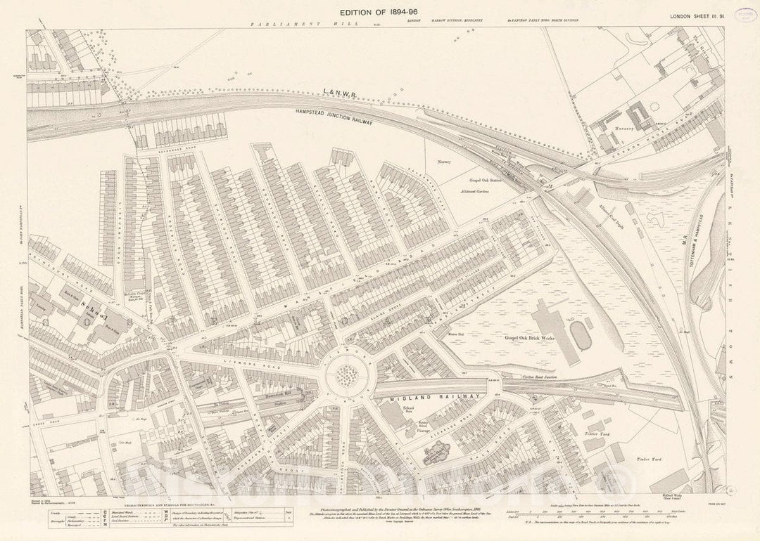 Historic Map : Ordnance Survey Maps, London, Five feet to The Mile. London Sheet III.91, 1895 City Atlas - Vintage Wall Art