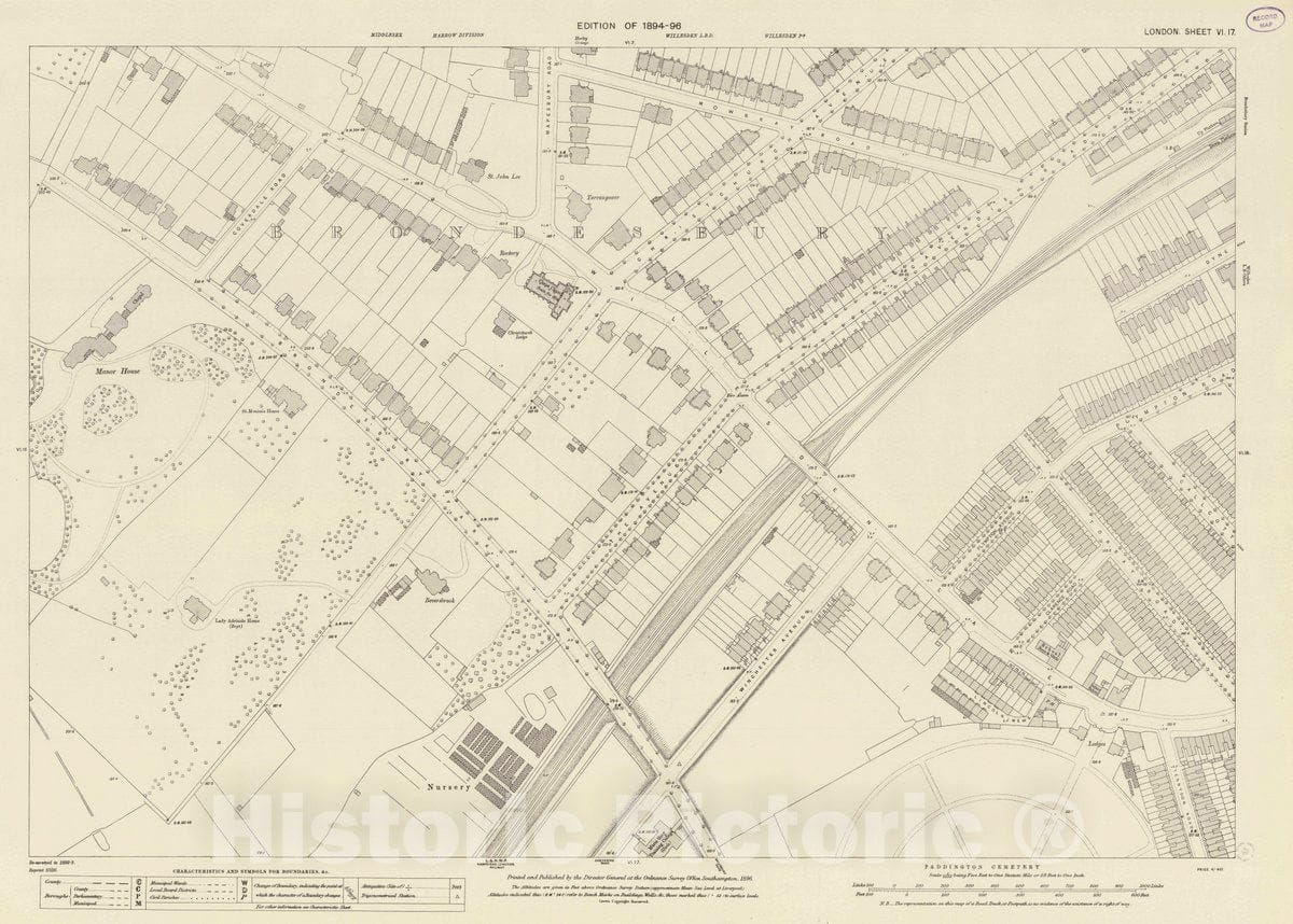 Historic Map : England , London (England), Ordnance Survey Maps, London, Five feet to The Mile. London Sheet VI.17, 1896 City Atlas , Vintage Wall Art