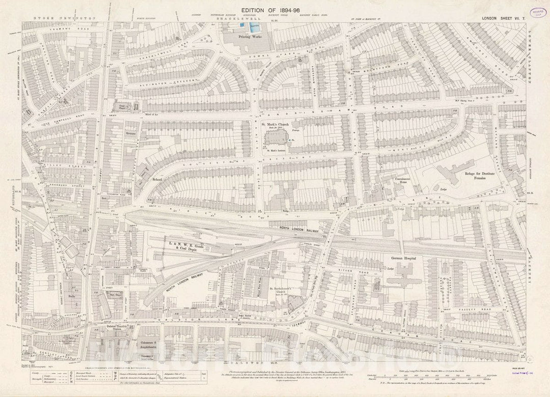 Historic Map : Ordnance Survey Maps, London, Five feet to The Mile. London Sheet VII.7, 1895 City Atlas - Vintage Wall Art