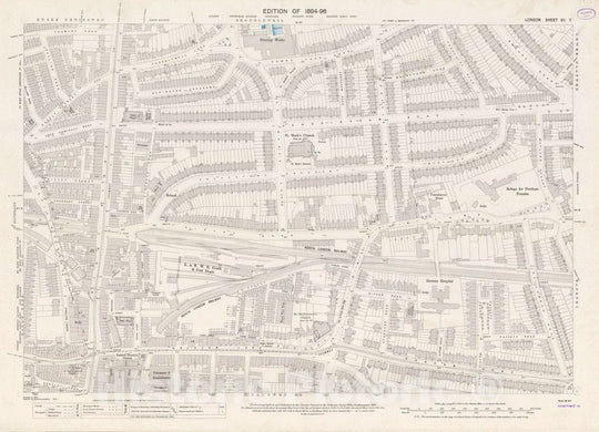 Historic Map : Ordnance Survey Maps, London, Five feet to The Mile. London Sheet VII.7, 1895 City Atlas - Vintage Wall Art