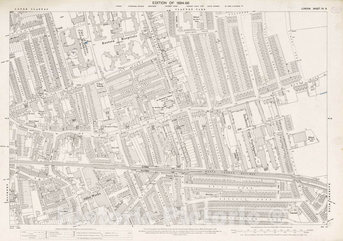 Historic Map : Ordnance Survey Maps, London, Five feet to The Mile. London Sheet VII.9, 1895 City Atlas - Vintage Wall Art