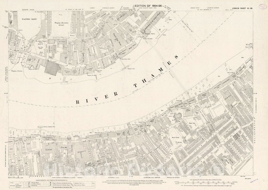 Historic Map : Ordnance Survey Maps, London, Five feet to The Mile. London Sheet VII.88, 1896 City Atlas - Vintage Wall Art