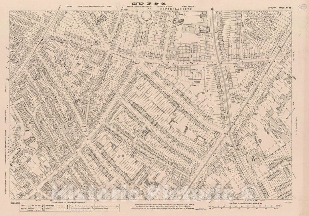 Historic Wall Map : Ordnance Survey Maps, London, Five feet to The Mile. London Sheet XI.33, 1894 City Atlas - Vintage Wall Art