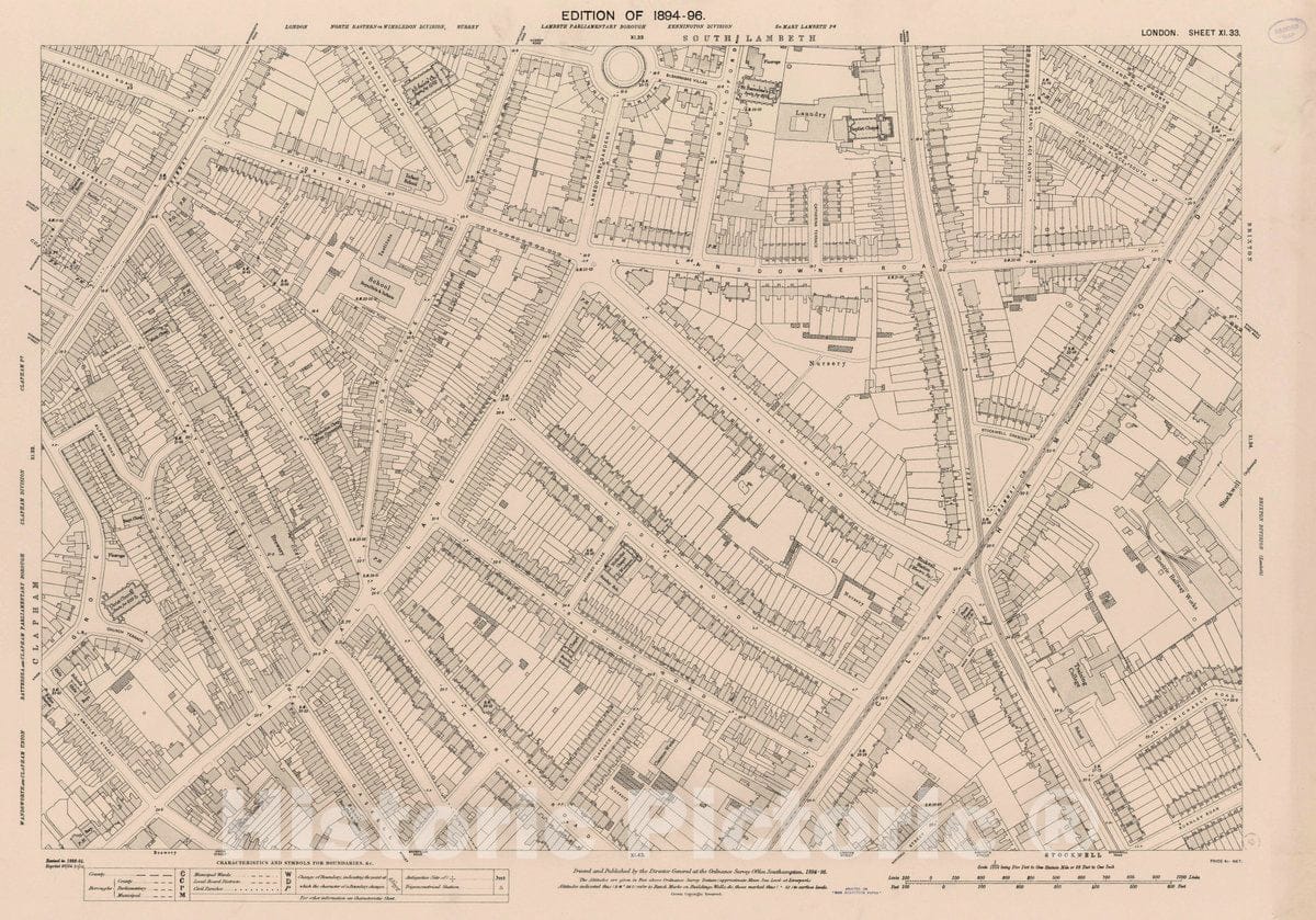 Historic Wall Map : Ordnance Survey Maps, London, Five feet to The Mile. London Sheet XI.33, 1894 City Atlas - Vintage Wall Art