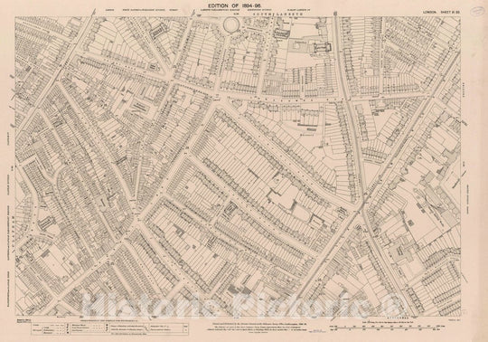 Historic Wall Map : Ordnance Survey Maps, London, Five feet to The Mile. London Sheet XI.33, 1894 City Atlas - Vintage Wall Art