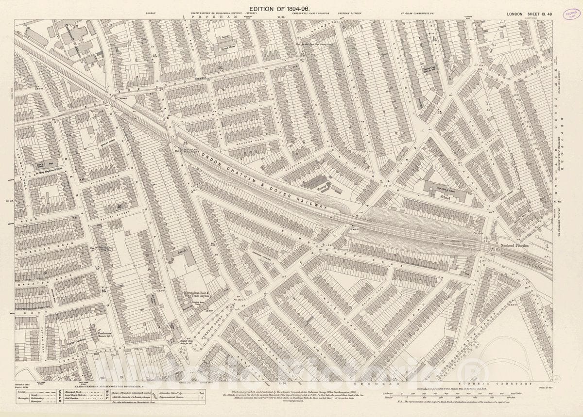 Historic Wall Map : Ordnance Survey Maps, London, Five feet to The Mile. London Sheet XI.48, 1895 City Atlas - Vintage Wall Art