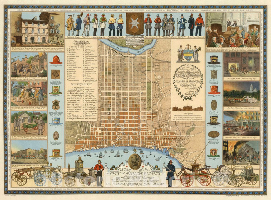 Historic Map : A Map of the City of Philadelphia Showing the Location of The Volunteer Fire Companies, A.D. 1792, 1938, Insurance Company of North America, Vintage Wall Art