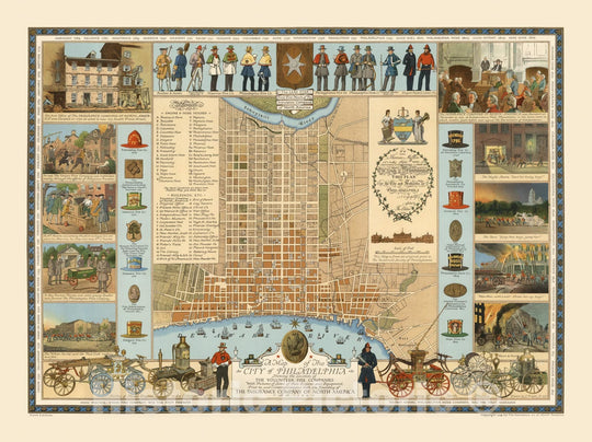 Historic Map : A Map of the City of Philadelphia Showing the Location of The Volunteer Fire Companies, A.D. 1792, 1938, Insurance Company of North America, Vintage Wall Art