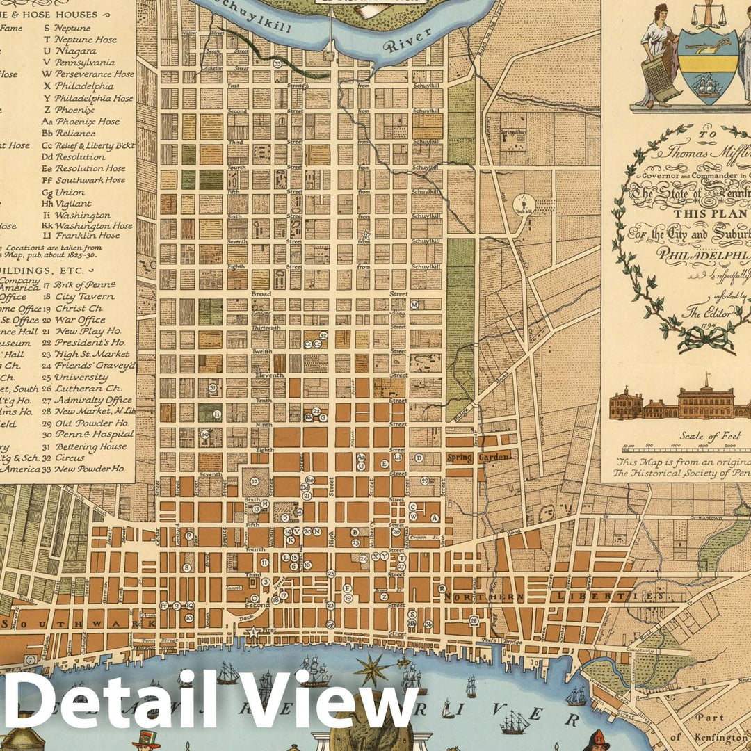 Historic Map : A Map of the City of Philadelphia Showing the Location of The Volunteer Fire Companies, A.D. 1792, 1938, Insurance Company of North America, Vintage Wall Art