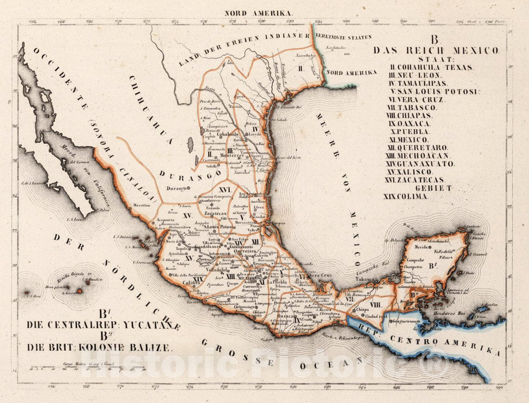 Historic Map : Mexico, , Central America B. Das Reich Mexico Staat : B1. Die Centalrep: Yucatan. B2: Die Brit : Kolonie Balize, 1830 Atlas , Vintage Wall Art