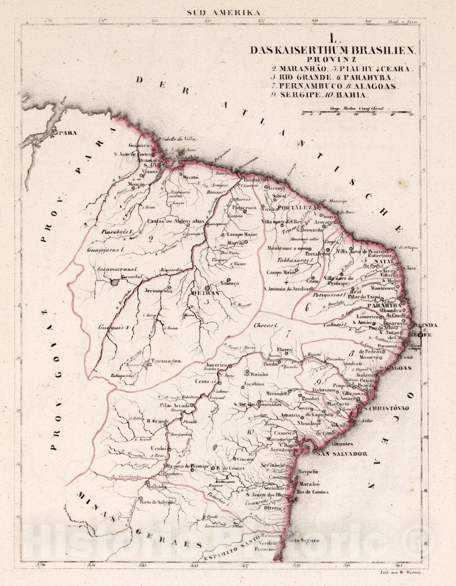 Historic Map : Brazil, , South America L. Das kaiserthum Brasilien. Provinz 2-10, 1830 Atlas , Vintage Wall Art