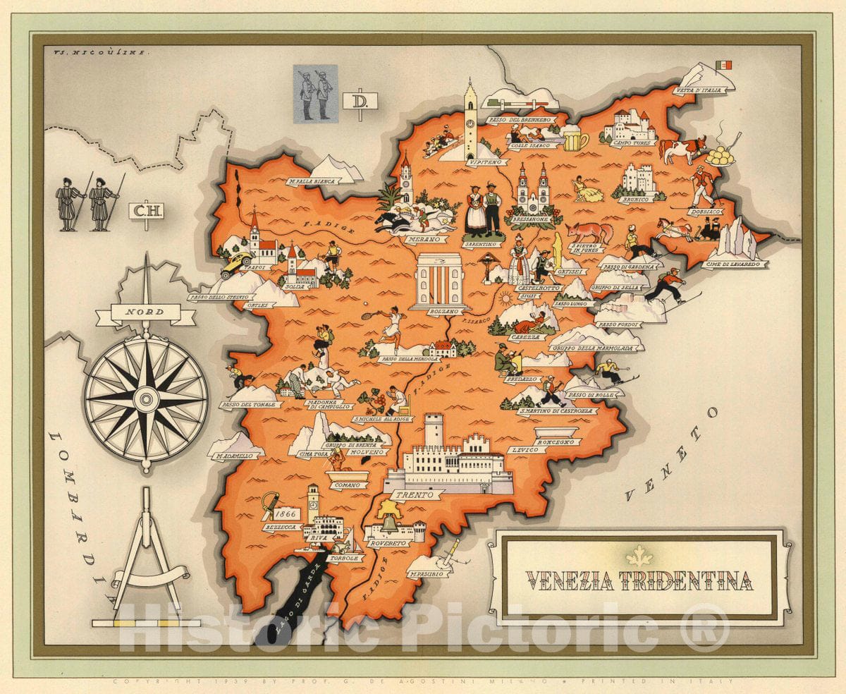 Historic Map : Italy, Venezia Tridentina, 1939 Guide Book , Vintage Wall Art