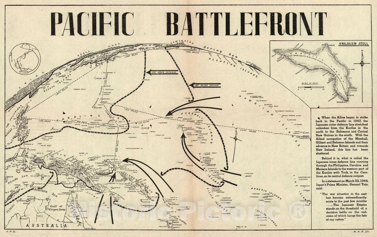 Historic Map : 1944 Pictorial Map - Pacific Battlefront. (Inset) Kawajalien Atoll. - Vintage Wall Art