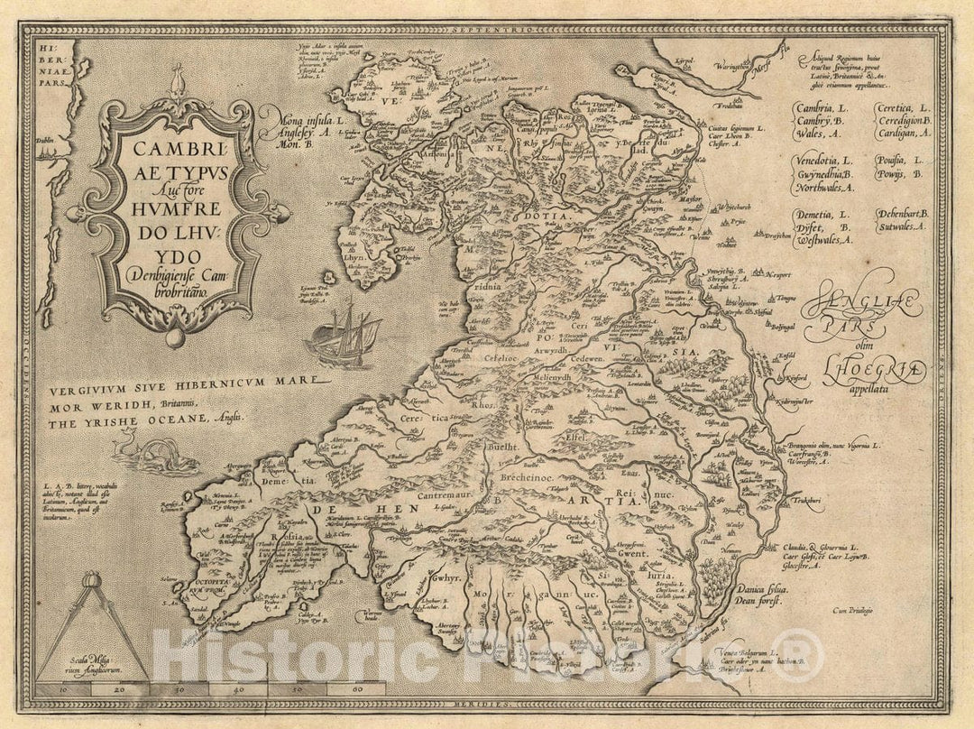 Historic Map : Ireland, Cambriae Typus Auctore Humfredo Lhuydo Denbigiense Cambrobritano. Cum Privilegio, 1608 Atlas , Vintage Wall Art