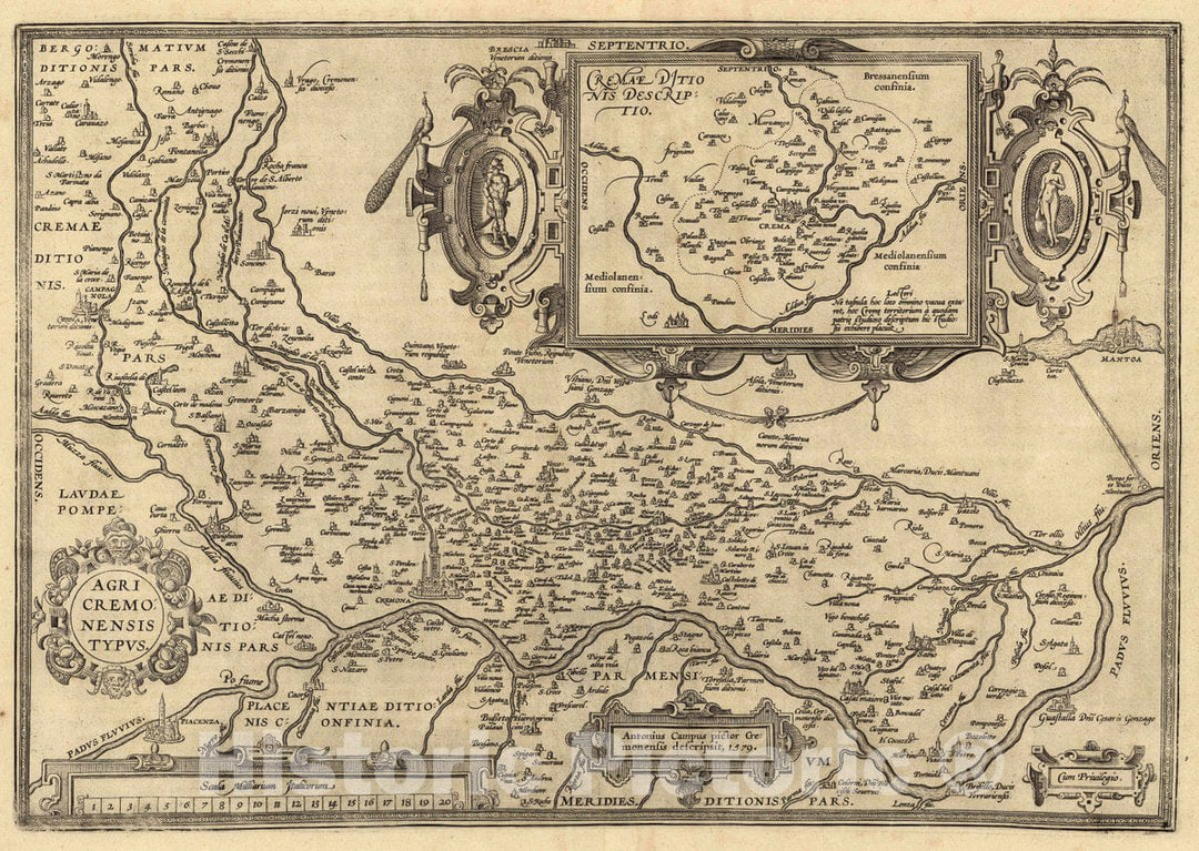 Historic Map : Italy, Agri Cremonensis Typus. Antonius Campus pictor Cremonensis descripsit, 1579. Cum Privilegio, 1579 Atlas , Vintage Wall Art