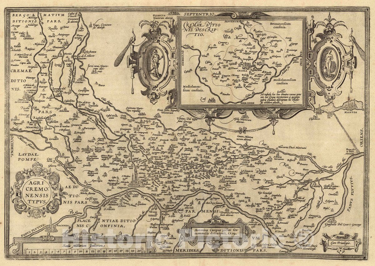 Historic Map : Italy, Agri Cremonensis Typus. Antonius Campus pictor Cremonensis descripsit, 1579. Cum Privilegio, 1579 Atlas , Vintage Wall Art