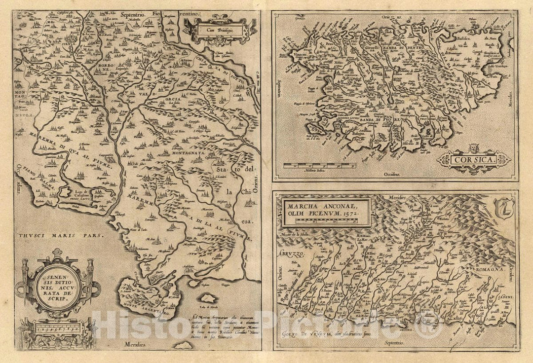 Historic Map : Italy, (95) Senensis (with) Corsica (with) Marcha Anconae, 1608 Atlas , Vintage Wall Art