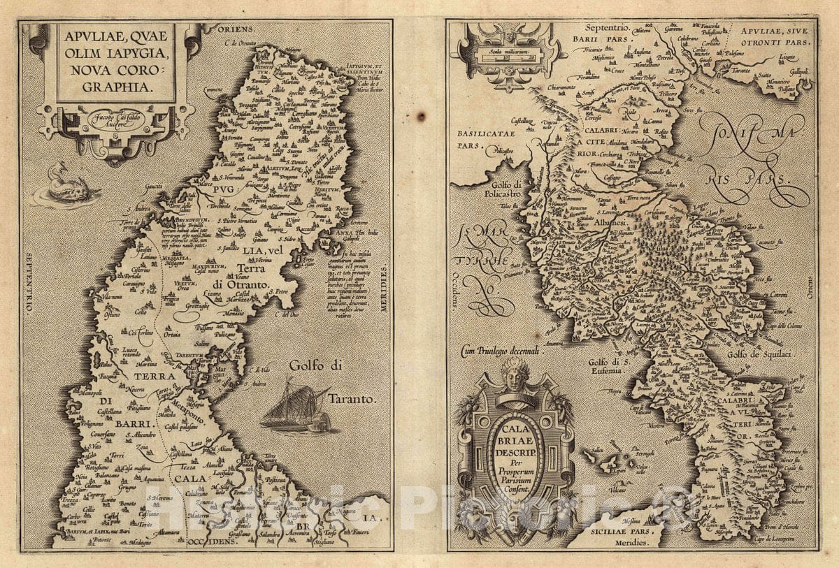 Historic Wall Map : Italy, Calabria, Italy (98) Apuliae (with) Calabriae, 1608 Atlas , Vintage Wall Art