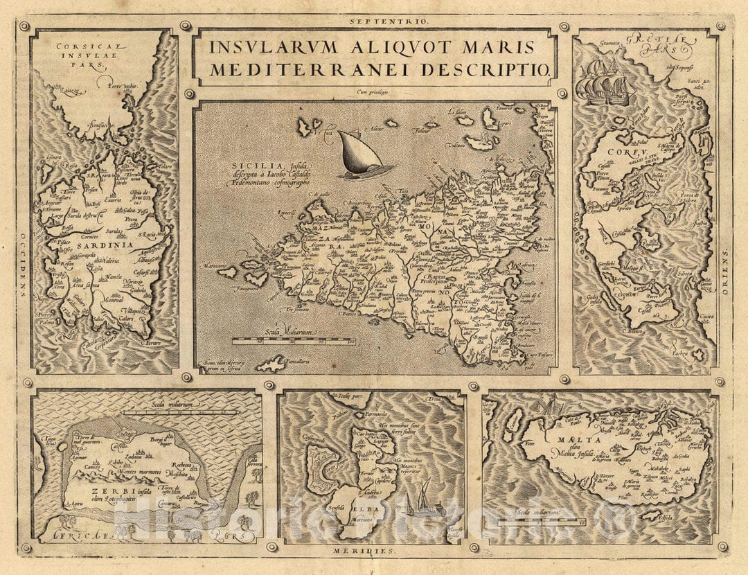 Historic Map : Italy, Sardinia (Italy) (99) Insularum. Sardinia. Sicilia. Corfu. Zerbi. Elba. Malta, 1608 Atlas , Vintage Wall Art