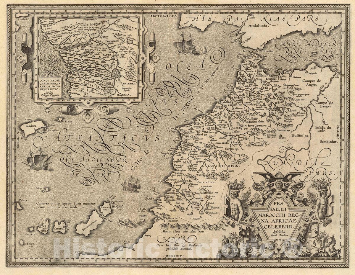 Historic Map : Morocco, Africa, Northwest Fessae, Et Marocchi Regna Africae Celeberr. describebat Abrah. Ortelius. 1595, Vintage Wall Art