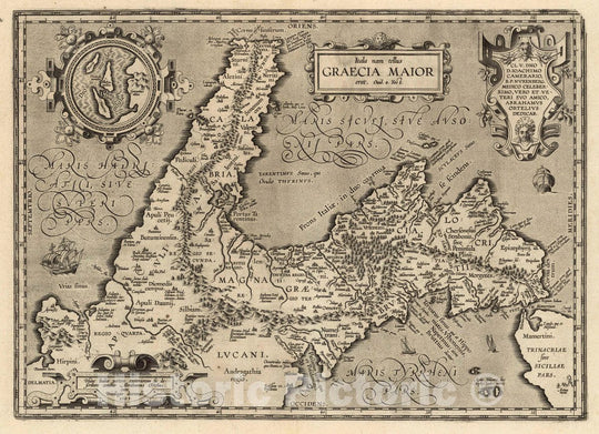 Historic Map : Italy, Naples Region (Italy) Graecia Maior. Abrahamus Ortelius. cum Privilegio decennali, 1595 , Vintage Wall Art