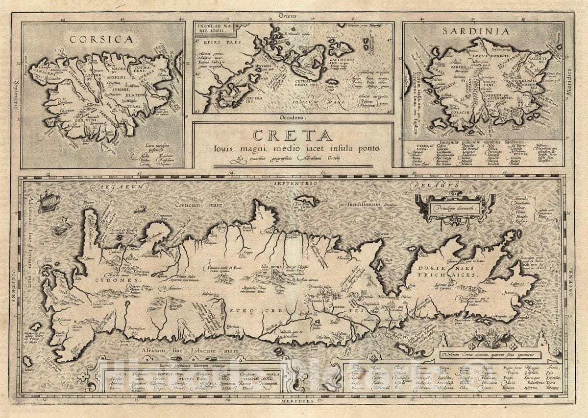 Historic Map : Crete, (XXXI) Creta. Corsica. Insulae Maris Ionii. Sardinia, 1608 Atlas , Vintage Wall Art