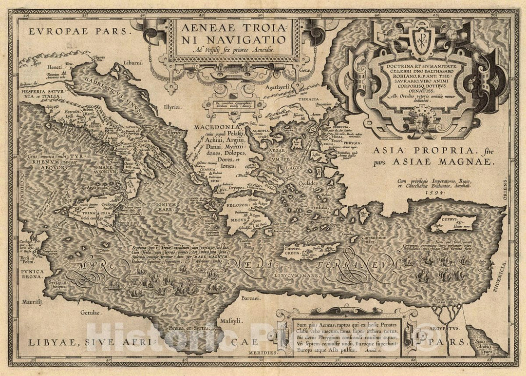 Historic Map : Greece, Mediterranean (xxxv) Aeneae Troiani Navigatio, 1594 Atlas , Vintage Wall Art