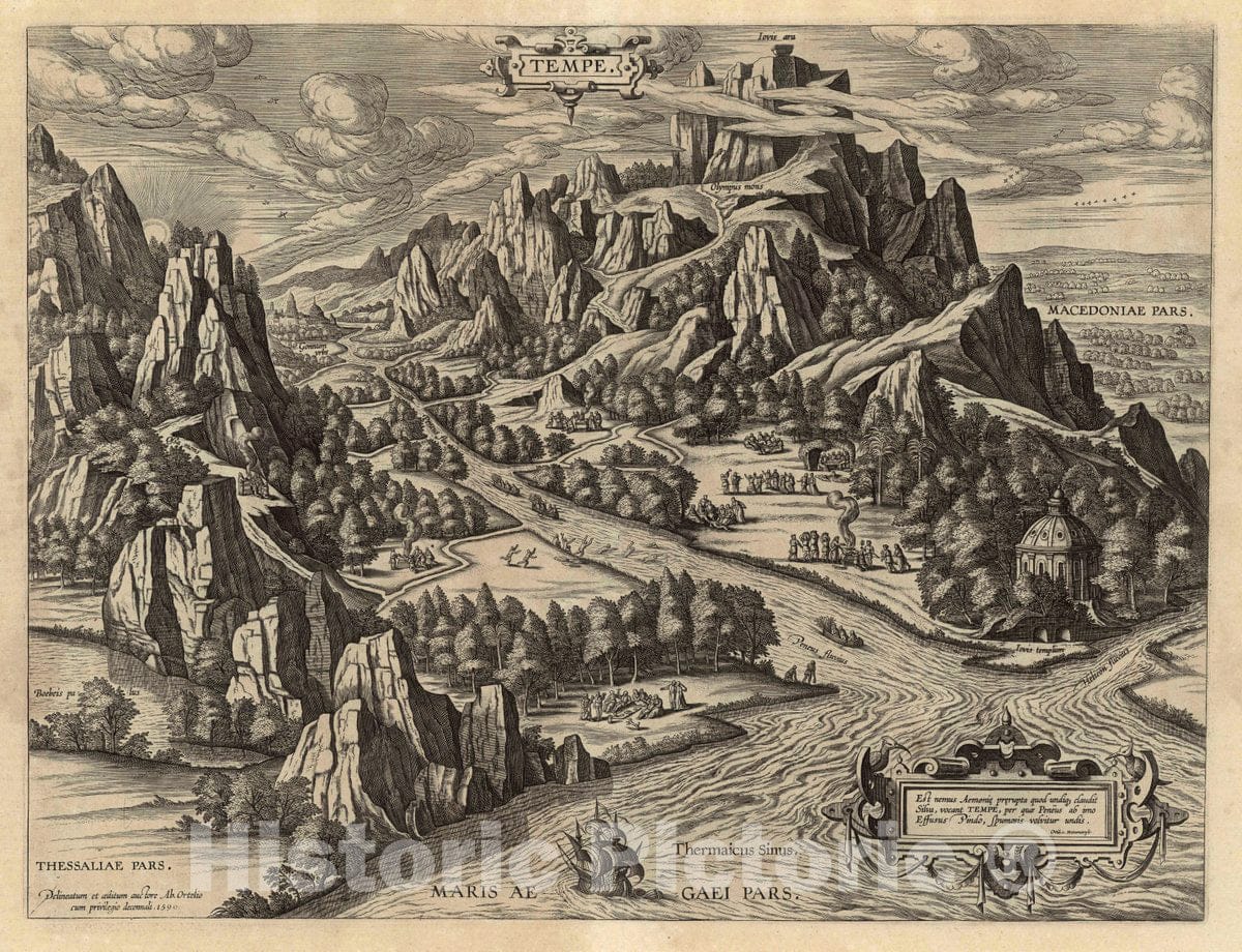 Historic Map : Greece, Tempe. Est nemus Aemoniae praerupta quod undiq claudit Silva, , 1590 , Vintage Wall Art