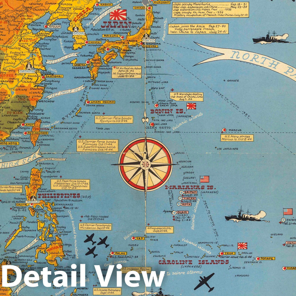 Historic Map : Dated Events. On to Tokyo. Map of The Pacific and The Far East, 1944 Pictorial Map - Vintage Wall Art