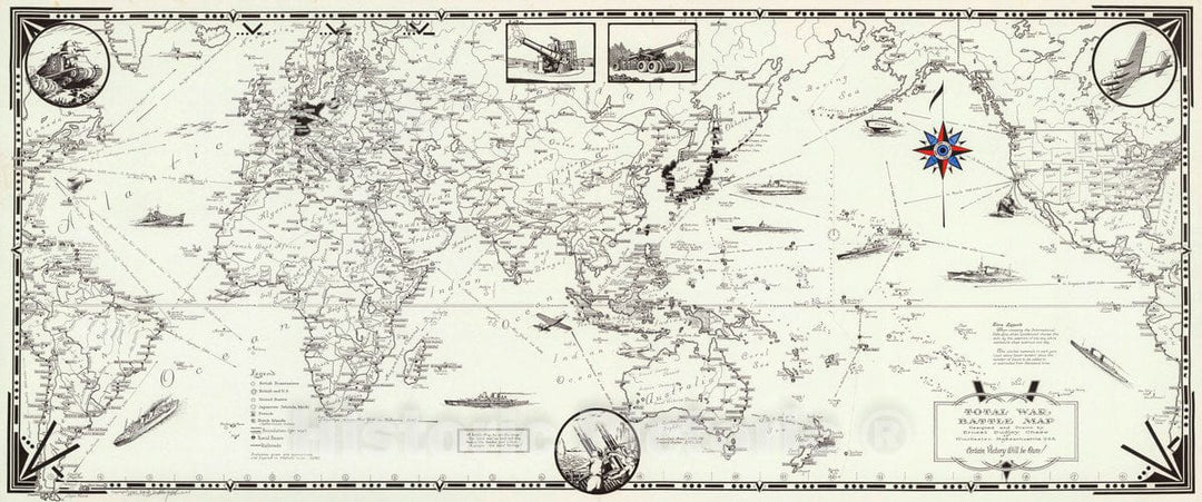 Historic Map : Total War, Battle Map. Drawn by Ernest Dudley Chase of Winchester, Massachusetts, U.S.A. Certain Victory Will be Ours, 1942 Pictorial Map - Vintage Wall Art