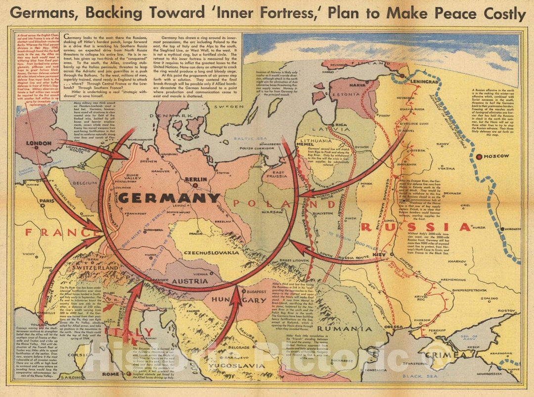 Historic Map : Germans, Backing toward034;Inner Fortress034; Plan to Make Peace costly, 1943 Pictorial Map - Vintage Wall Art