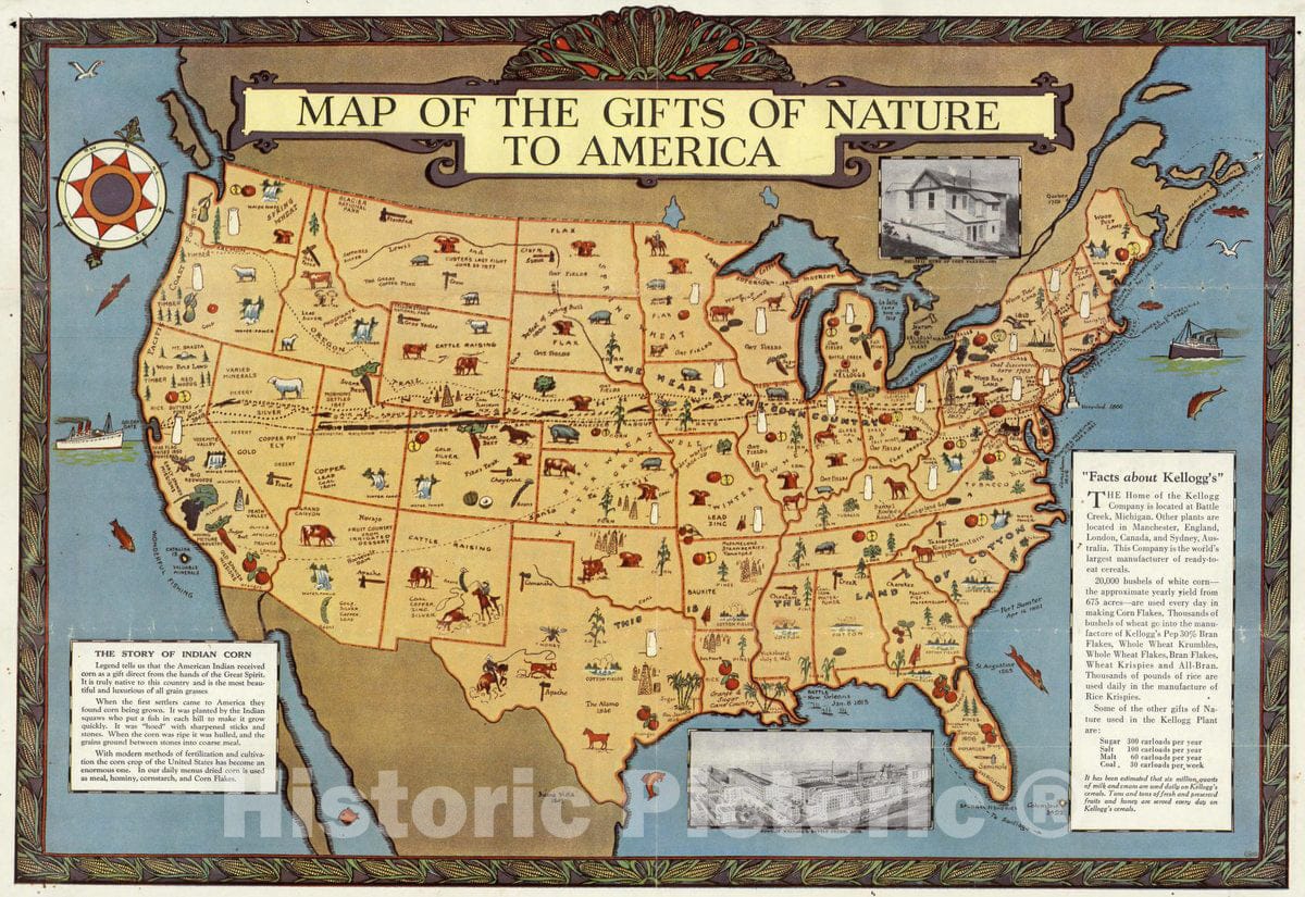 Historic Map : Map of The Gifts of Nature to America, 1934 Pictorial Map - Vintage Wall Art