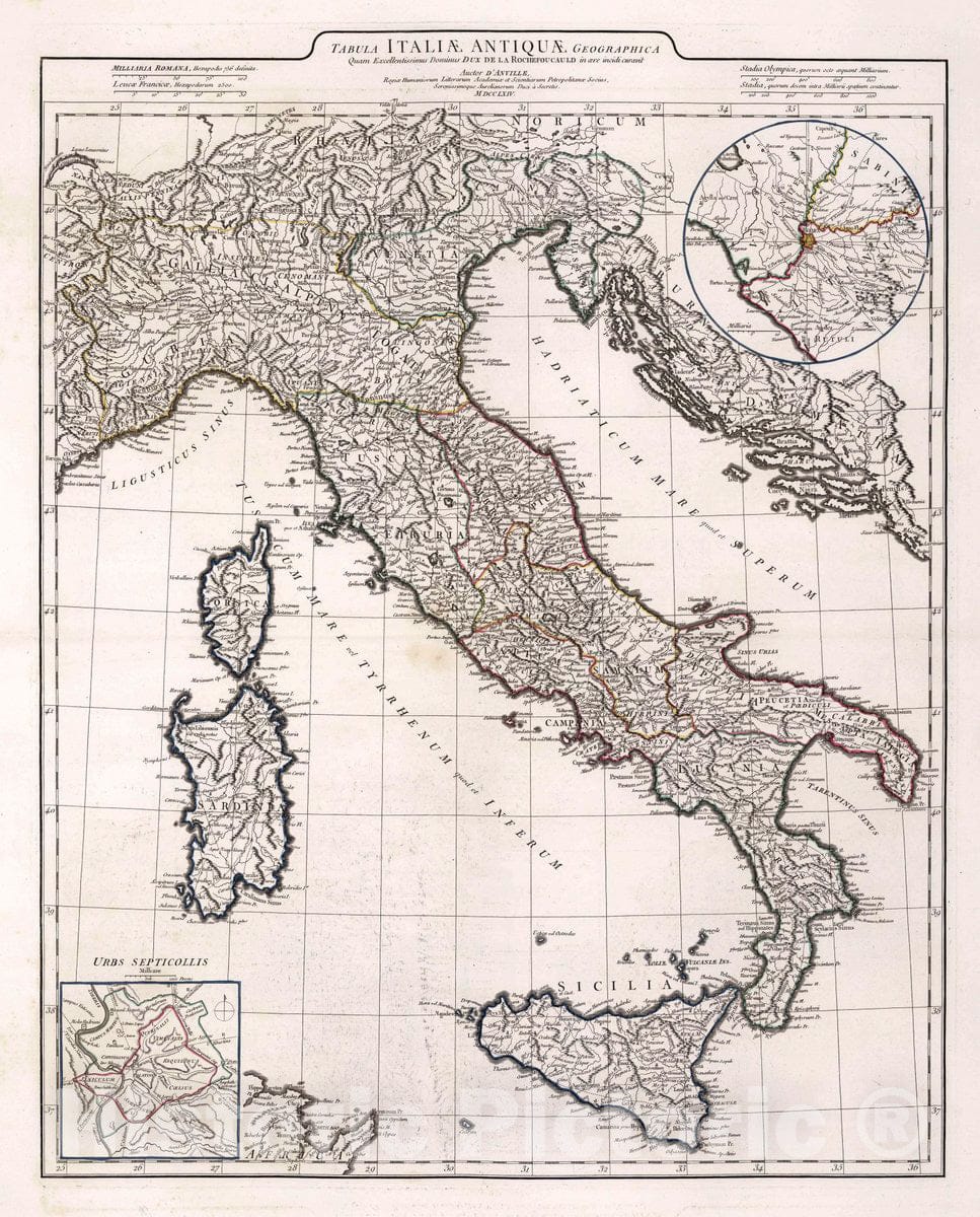 Historic Map : Italy , Rome (Italy), Corsica Tabula Italiae Antique geographica, 1764 Atlas , Vintage Wall Art